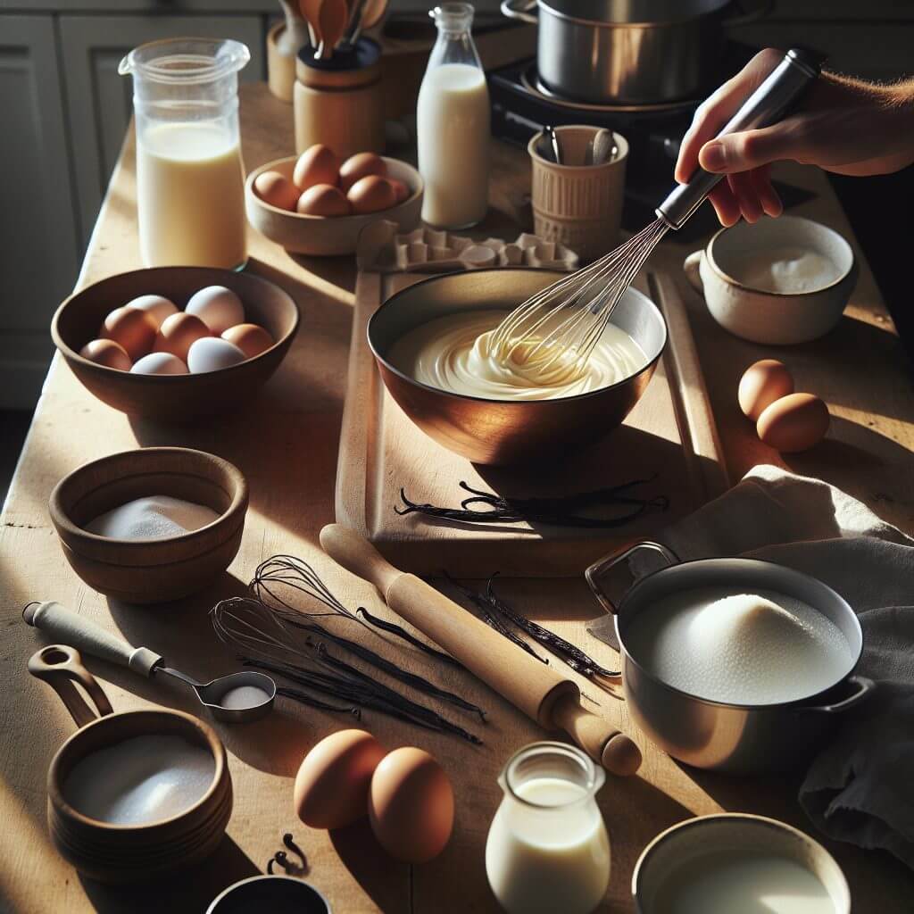 Préparation culinaire avec œufs et lait sur table en bois