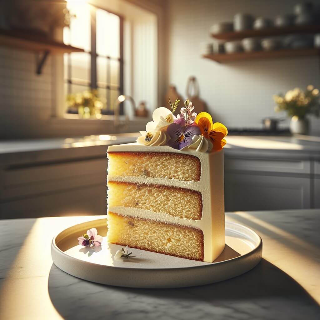 Une tranche de gâteau à la vanille faite de trois couches. Le gâteau à la vanille est posé sur une assiette. La cuisine est moderne