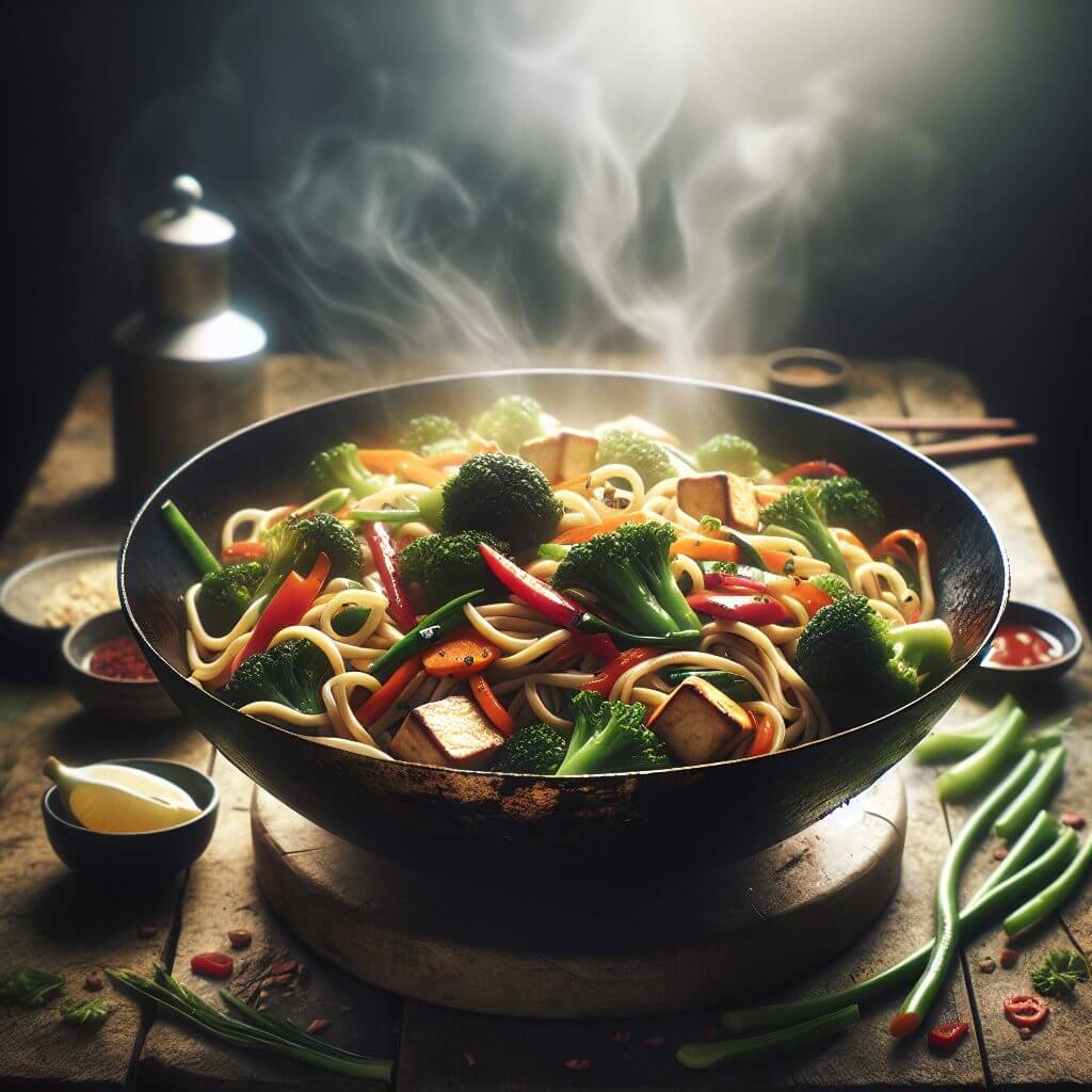 Une bol rempli de nouilles sautées aux légumes et au poivre de Sichuan