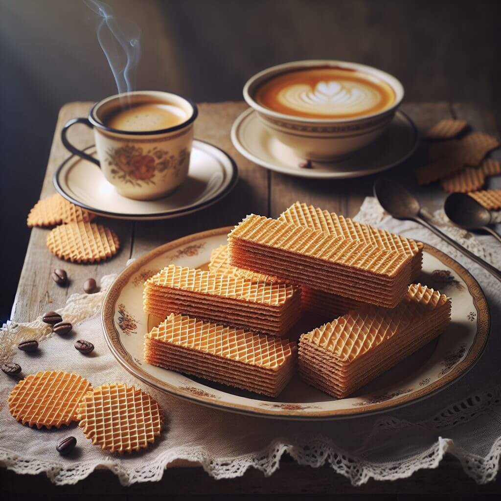 Des gaufrettes à la vanille posées sur une assiette, deux tasses à café fumantes à côté