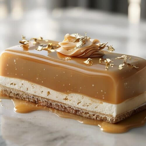 Entremet vanille caramel élégant, nappé d’un glaçage caramel brillant et décoré de feuilles d’or sur un fond marbré.