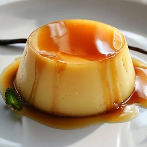 Flan entremet vanille nappé de caramel, décoré d'une gousse de vanille et d'une feuille de menthe sur une assiette blanche.