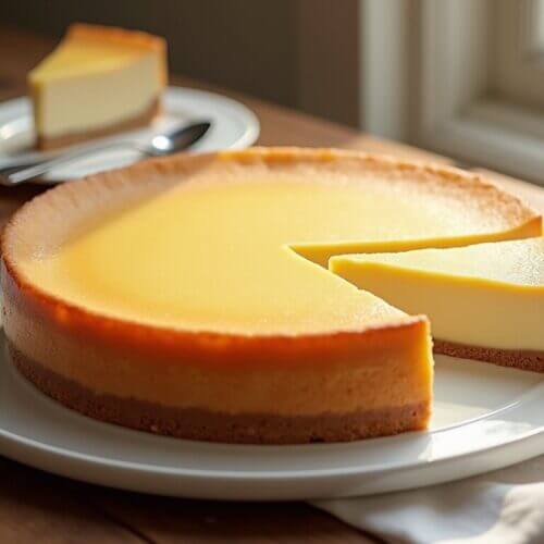 Gâteau au fromage blanc vanille crémeux, doré et appétissant, parfait pour une pause gourmande.