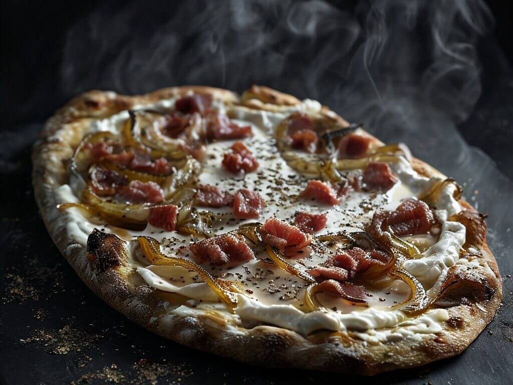 Tarte flambée garnie de crème, oignons caramélisés et morceaux de lard fumé – une recette savoureuse et traditionnelle.