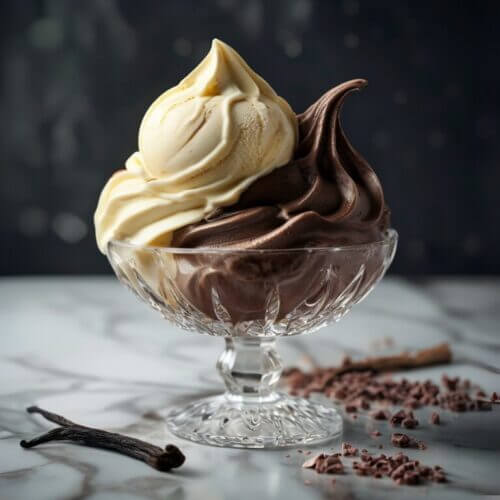 Coupe de glace chocolat et vanille dans un bol en verre, posée sur une table en marbre – dessert gourmand et raffiné.