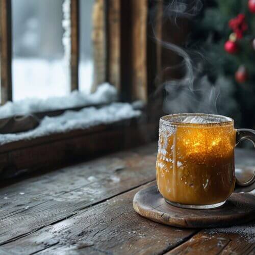 Dampfender Grog auf einem Holztisch, mit verschneitem Fenster und Weihnachtsbaum im Hintergrund – perfektes Grog-Rezept.
