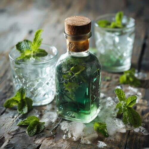 Bouteille de liqueur de menthe avec feuilles fraîches, entourée de verres et glaçons sur une table en bois rustique.