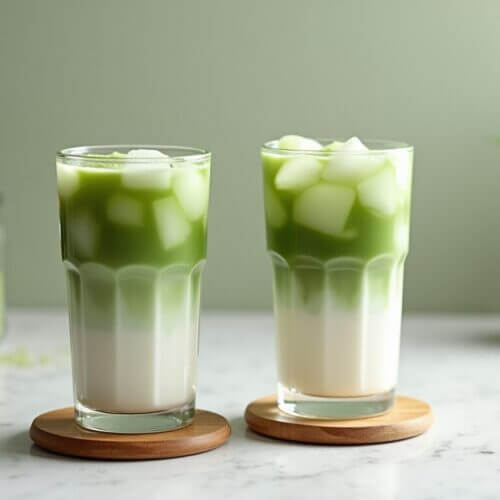 Boisson matcha vanille glacée servie dans des verres élégants, idéale pour les amateurs de saveurs douces et végétales.
