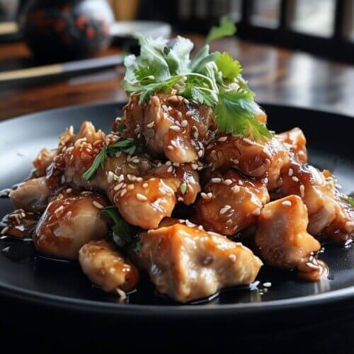 Délicieuse recette originale Chicchew avec poulet caramélisé graines de sésame et touche de coriandre fraîche