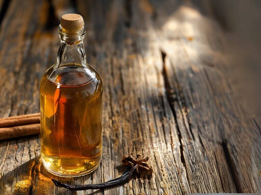 Bouteille artisanale de sirop de vanille sur une table en bois rustique, accompagnée de bâtons de cannelle et d'anis étoilé.