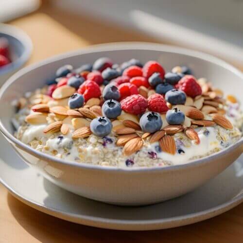 Bircher recette traditionnelle dans un bol blanc, garnie de fruits rouges et amandes pour un repas nutritif.