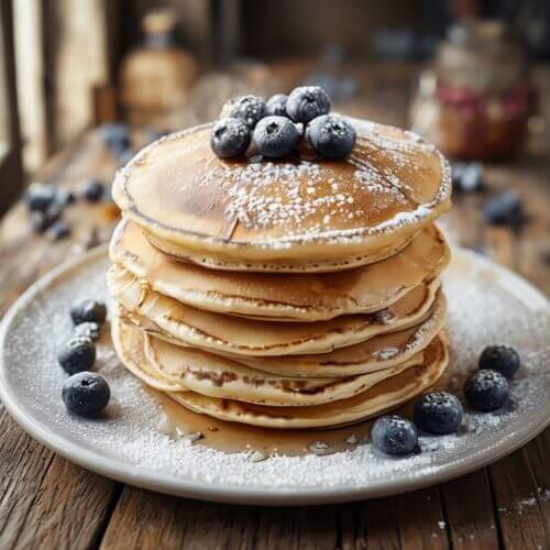 Fluffige Pancakes Rezept: Gestapelte Pfannkuchen mit frischen Blaubeeren und Puderzucker auf rustikalem Holztisch