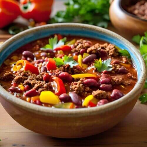 Recette chili con carne traditionnelle servie dans un bol artisanal – mélange savoureux de viande, haricots et légumes colorés.