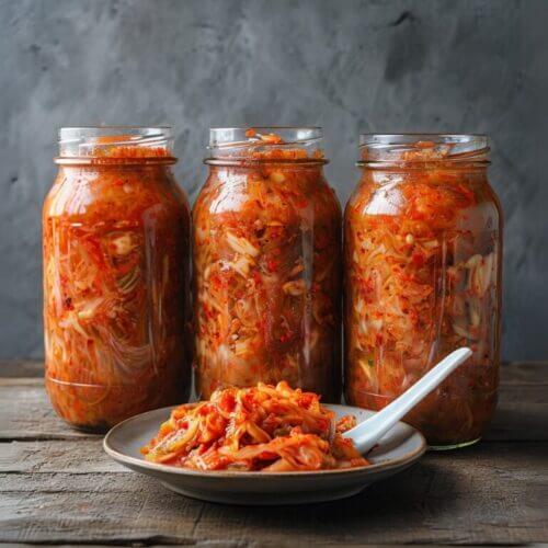 Recette kimchi fermenté dans des bocaux de conservation, accompagné d'une portion prête à déguster sur table en bois.