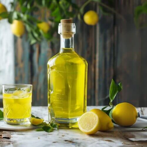 Recette limoncello servie dans un verre à cocktail avec glaçons, entourée de citrons frais et feuilles vertes.