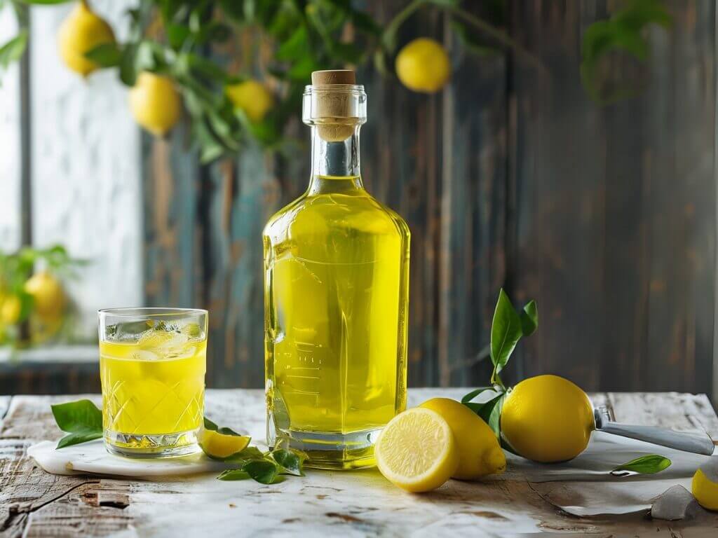 Recette limoncello servie dans un verre à cocktail avec glaçons, entourée de citrons frais et feuilles vertes.
