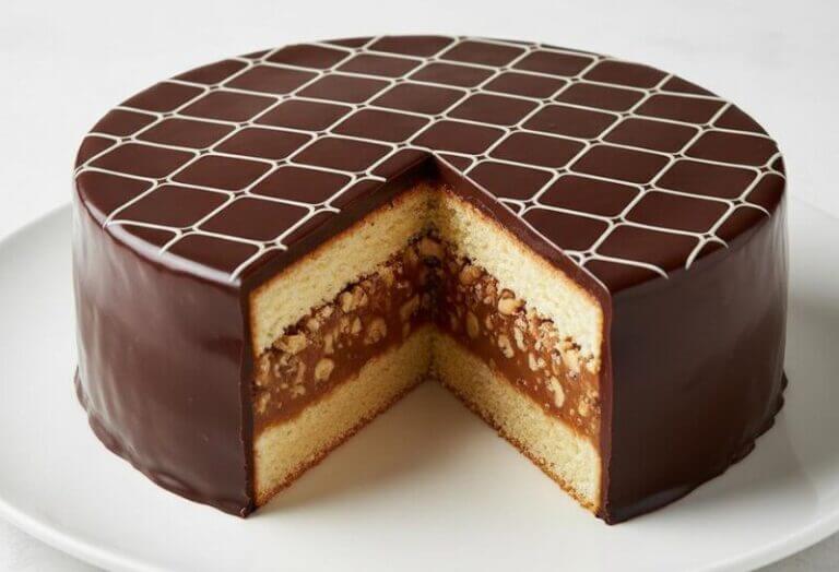 Gâteau Bullois coupé, révélant des couches de pâte sablée, caramel aux noix et glaçage chocolat.