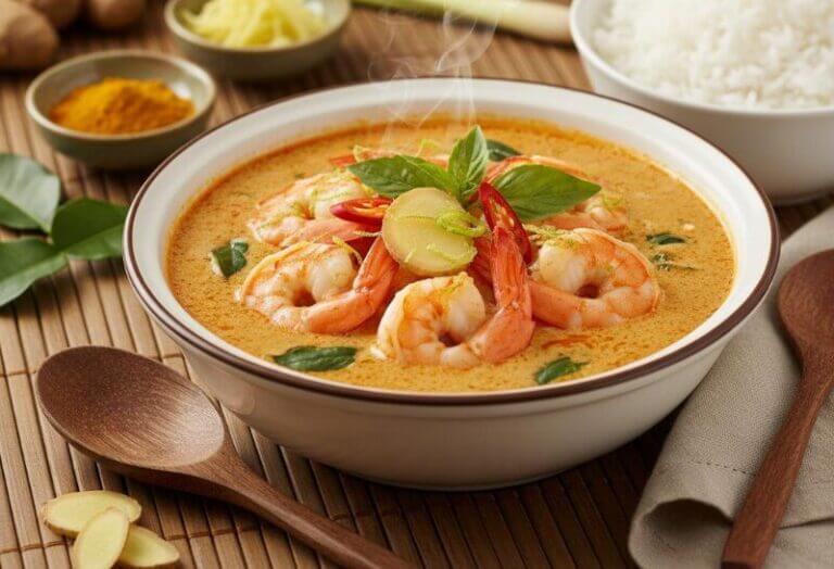 Curry Thaï aux Crevettes et Lait de Coco, plat crémeux et parfumé avec crevettes et épices.
