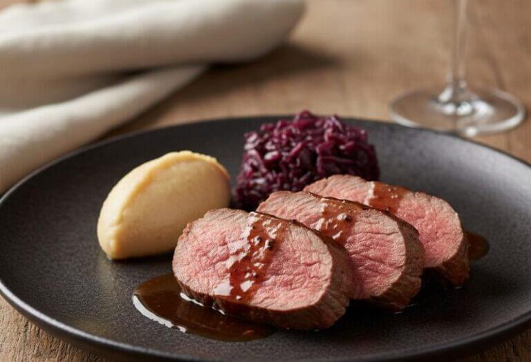 Selle de chevreuil rôtie, sauce grand veneur : un plat de chasse classique et raffiné, la selle de chevreuil est rôtie à la perfection et servie avec une sauce grand veneur riche et savoureuse, accompagnée d'une purée de céleri et de chou rouge confit.