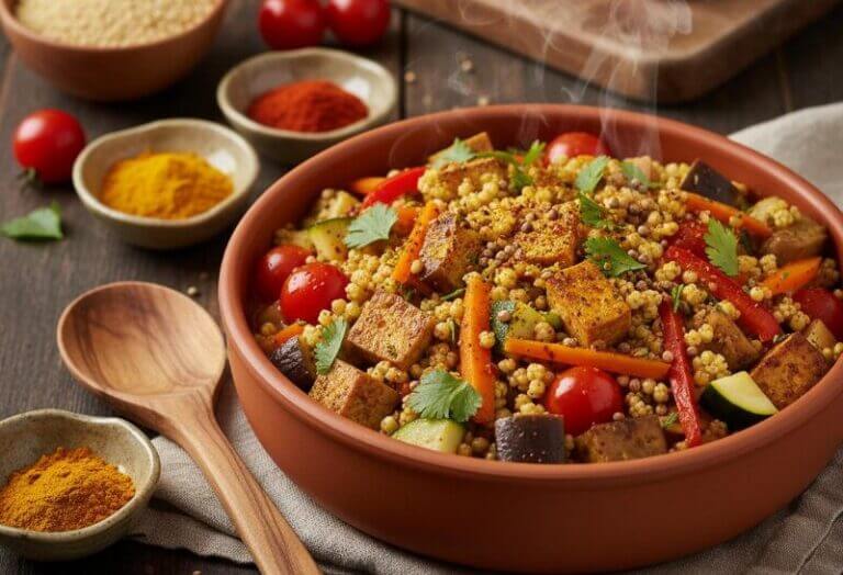 Sorgho Façon Tajine aux Légumes et Tofu Fumé, plat coloré et parfumé.