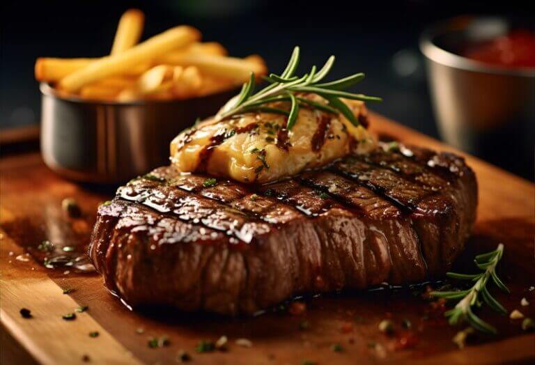 Onglet de bœuf au poivre sauvage de Madagascar et paprika fumé, grillé et accompagné de pommes de terre.