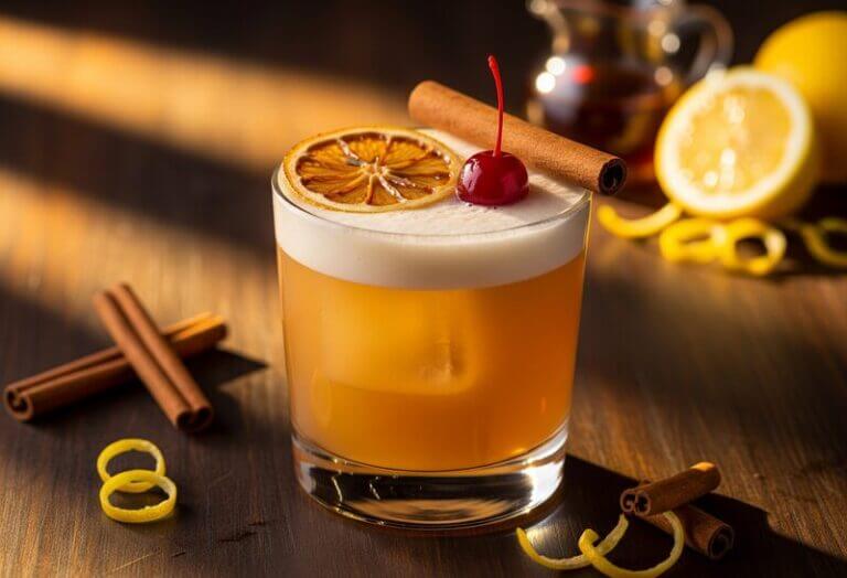 Verre d'Amaretto Sour avec zeste de citron et cerise, cocktail italien aux saveurs douces et épicées.