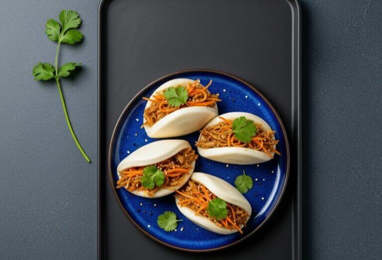 Photo de Buns Bao aux carottes, viande hachée et gingembre. Des petits pains vapeur ultra-moelleux, garnis d'une farce savoureuse à la viande hachée, carottes râpées et gingembre frais.