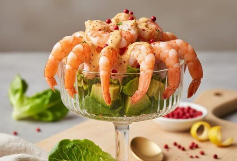 Cocktail de crevettes aux baies roses et paprika fumé - Un cocktail de crevettes revisité, alliant la douceur des crevettes à une sauce crémeuse relevée par le paprika fumé et le sel & baies roses, servi sur un lit de sucrine croquante et d'avocat frais.