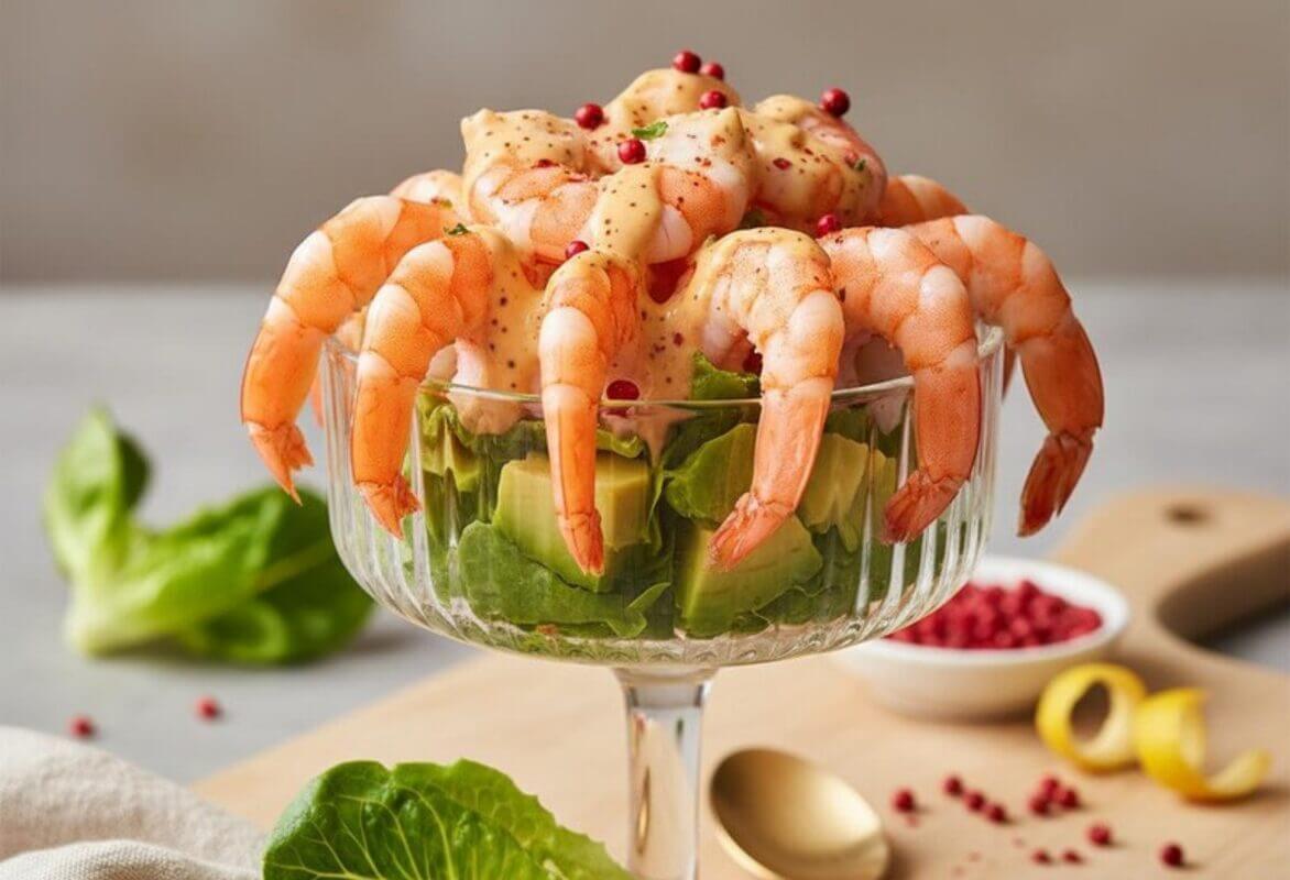 Cocktail de crevettes aux baies roses et paprika fumé - Un cocktail de crevettes revisité, alliant la douceur des crevettes à une sauce crémeuse relevée par le paprika fumé et le sel & baies roses, servi sur un lit de sucrine croquante et d'avocat frais.