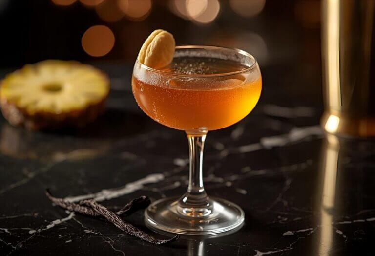 Cocktail Madeleine à la Vanille dans un verre à cocktail, mélange frais d'amaretto et ananas avec vanille.