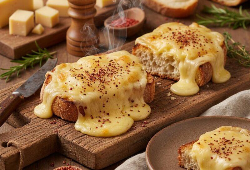 Préparation d'une croûte au fromage au Poivre de Sichuan avec fromage râpé et épices asiatiques