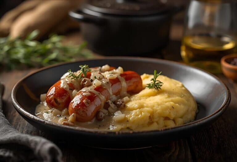 Diots de Savoie au Vin Blanc et Mélange 5 Baies mijotant dans une sauce onctueuse avec polenta crémeuse