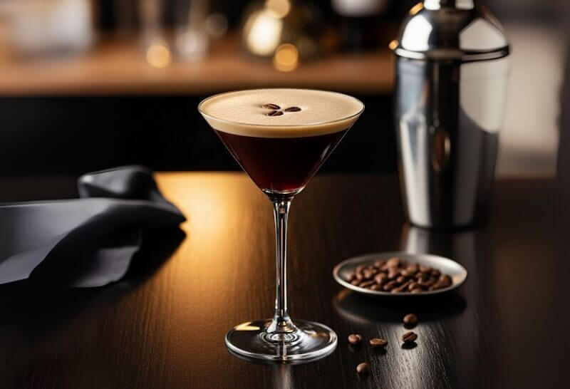 Cocktail Espresso Martini avec espresso, vodka, liqueur de café et vanille, servi dans verre martini.