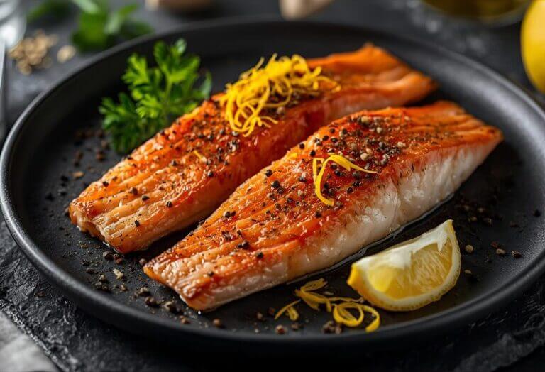 Filets de rouget poêlés croustillants assaisonnés de poivre de Sichuan et zestes d'agrumes frais.