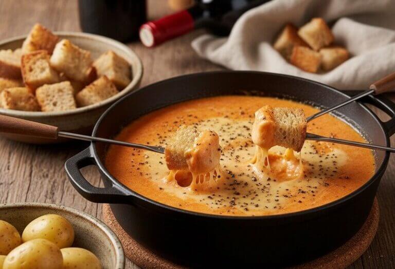 Fondue aux tomates crémeuse avec poivre de Kampot, servie avec pommes de terre