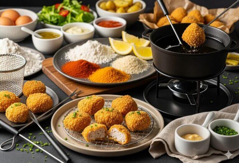 Fondue bressane avec morceaux de poulet panés dorés, sauces variées et accompagnements sur table conviviale.