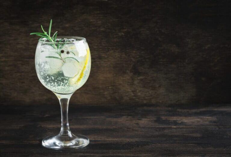 Gin Tonic Classique servi dans un verre avec glaçons, rondelle de citron et tonic pétillant