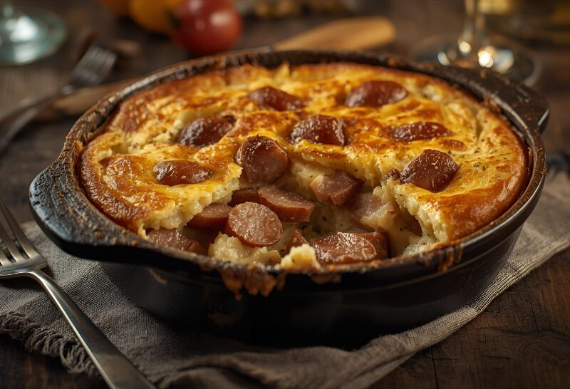 Plat savoyard avec diots et crozets au sarrasin gratinés au Beaufort, nappé de sauce crémeuse aux oignons