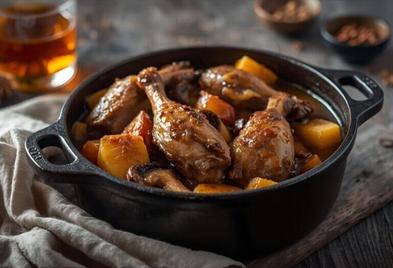 Lapin Caramélisé au Cidre et aux Épices Douces mijoté avec champignons, lardons et pommes dans une cocotte.