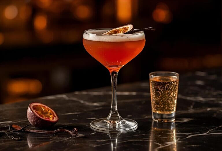 Porn Star Martini à l'Extrait de vanille Bourbon dans un verre coupe garni de fruit de la passion