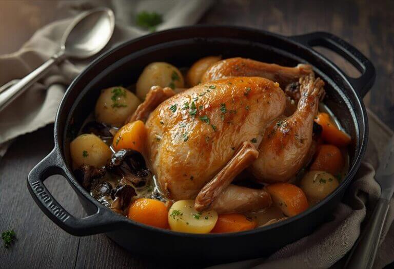 Recette de Pintade en Cocotte aux Champignons et Cidre, mijotée avec légumes et sauce crémeuse