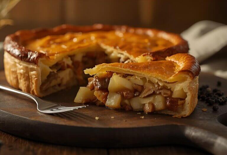 Plat de tourtine traditionnelle avec viandes mijotées, pommes de terre et fromage en grains dans une pâte dorée.