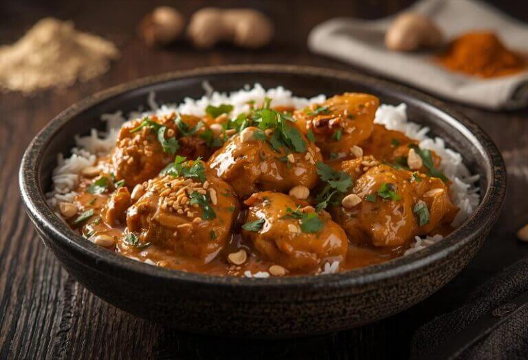 Poulet Crémeux au Beurre de Cacahuète et Épices dans une sauce onctueuse avec lait de coco et épices.