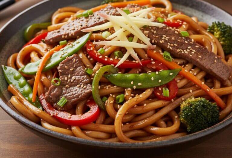 Yaki Udon au Bœuf et Gingembre : nouilles japonaises épaisses sautées avec bœuf tendre, légumes croquants et sauce soja-mirin au gingembre.