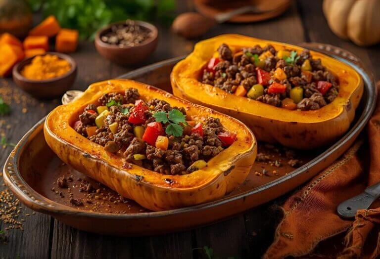 Photo de courges butternut farcies aux légumes et cumin, présentées dans un plat à gratin.