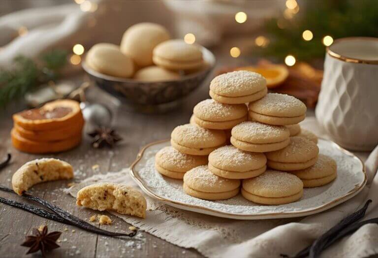 Assortiment de biscuits de Noël à la vanille de Tahiti, joliment décorés et prêts à être dégustés pour les fêtes.