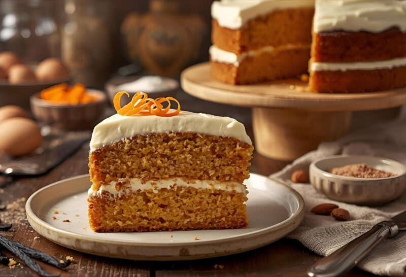 Gâteau aux carottes à la vanille de Tahiti, moelleux et réconfortant, avec un glaçage au fromage frais.
