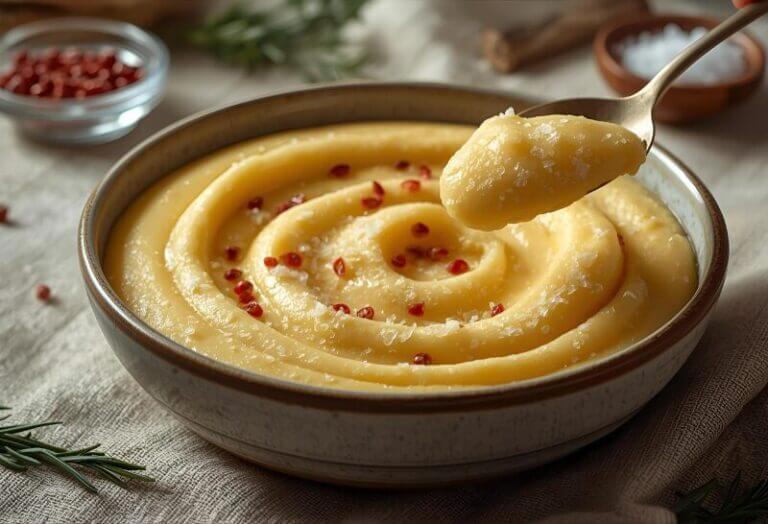 Plat de polenta crémeuse au Sel & Baies Roses, servie dans une assiette creuse, décorée de baies roses.