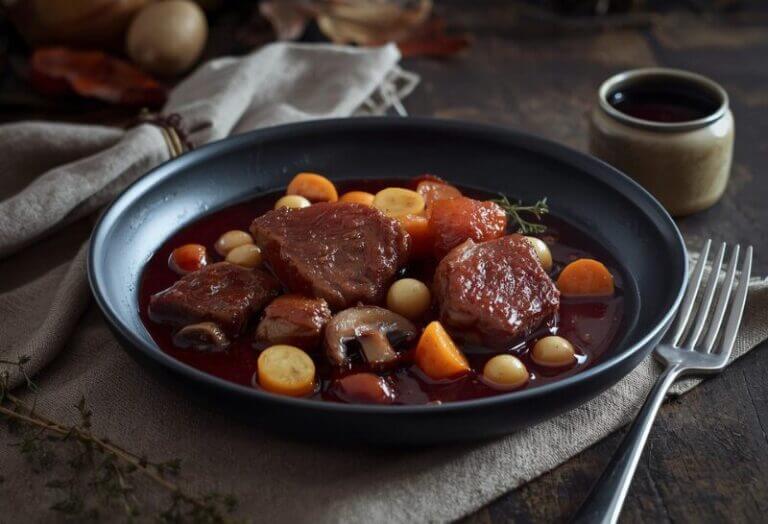 Photo d'un civet de cerf au poivre long de Java, servi dans une assiette creuse, fumant, avec une sauce riche et sombre.